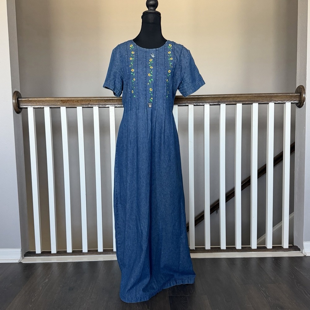 Bobbie Brooks Denim 90s Floral Sunflower Embroidered Maxi Dress Medium Cottage